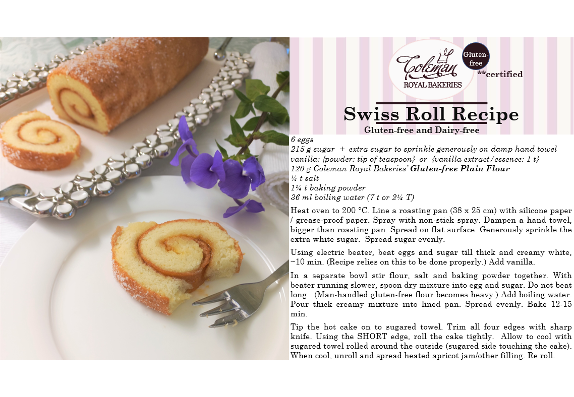 Gluten-free, dairy-free Swiss Roll recipe. By Coleman Royal Bakeries