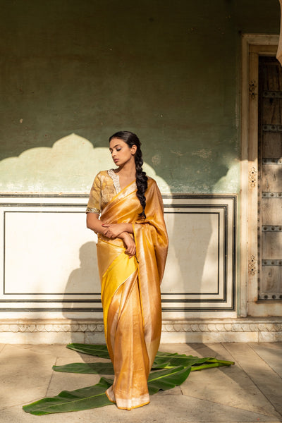 Sunshine yellow banaras brocade saree by Magizham