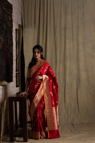 How to Choose a Wedding Banarasi Saree - Deepal Red Silk Brocade Banarasi Saree