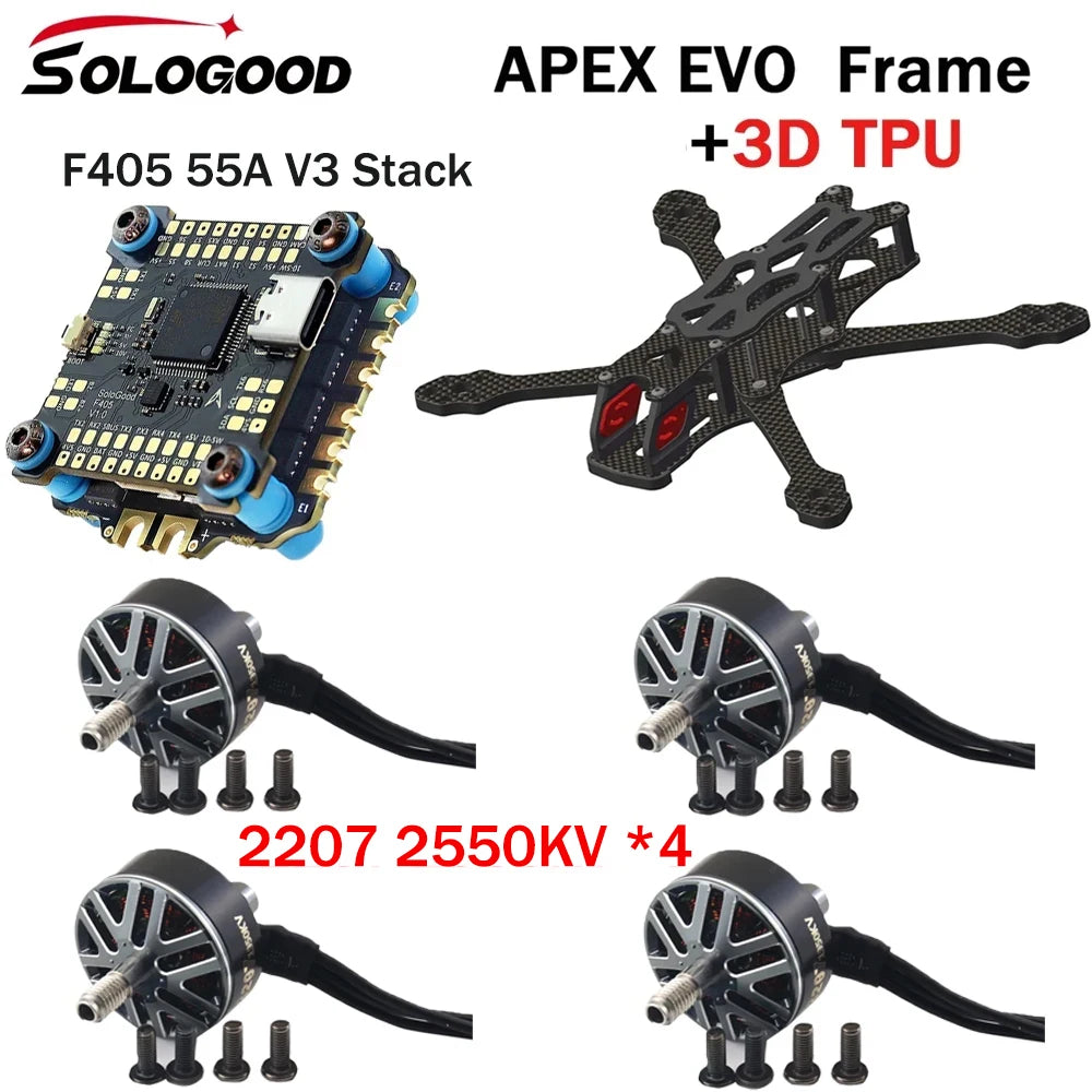 SoloGood APEX EVO Frame Kit F405 55A V3 Stack ICM42688P BLS55A 4in1 ESC 2207 2550KV 2-6S Lipo Unibell Brushless Motor