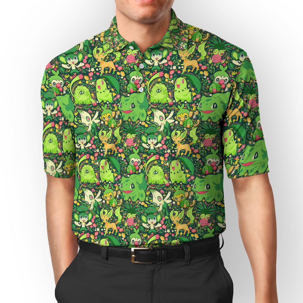 Anime Pokemon Grass Seamless Pattern Custom Polo Shirt