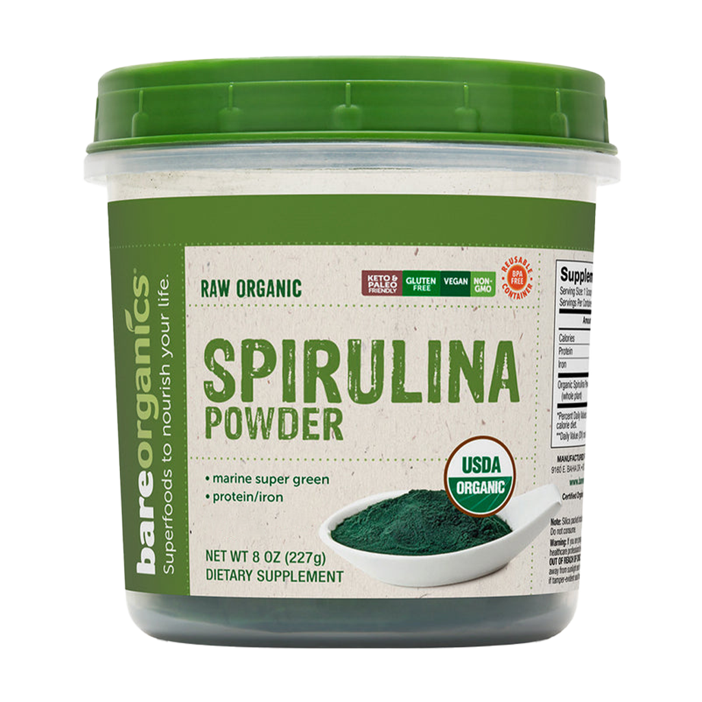 bareorganics spirulina pulver 227gr förpackningsstorlek framsida omslag