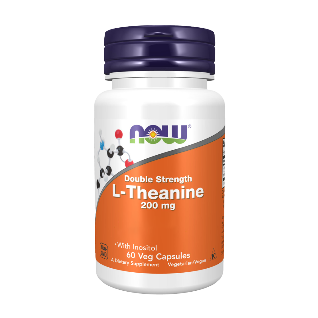 NOW Foods L-Theanine, Double Strength 200 mg - 60 Veg Capsules Front.