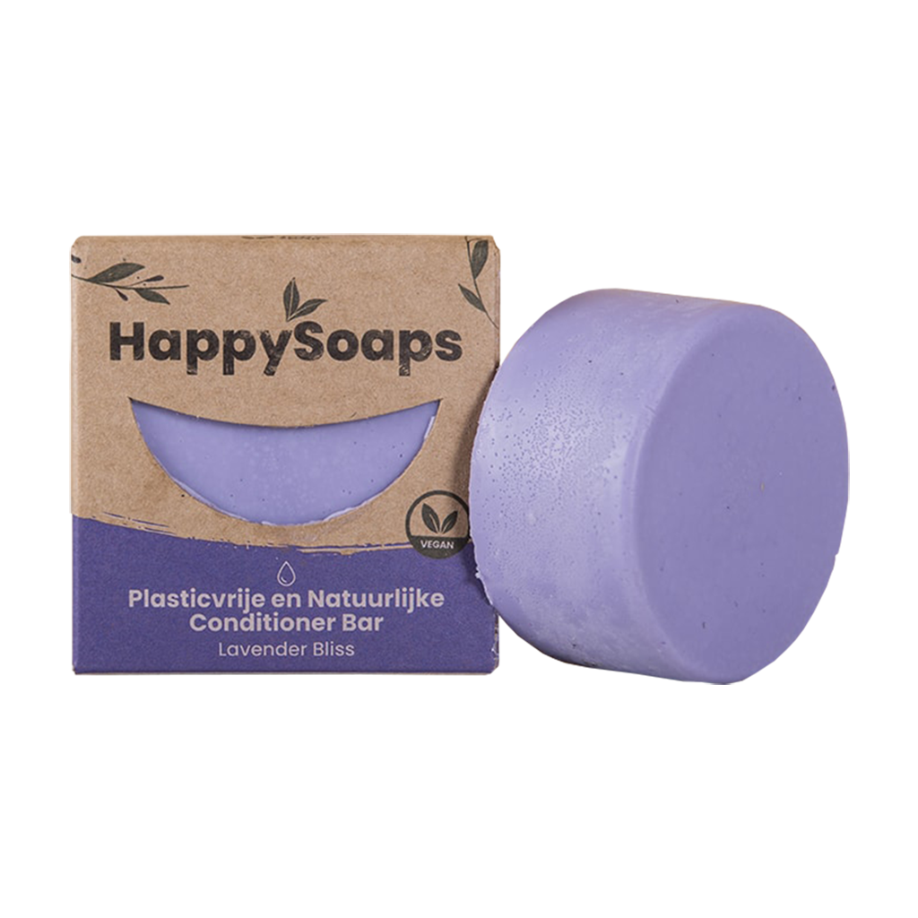 plastic-free and natural conditioner bar against yellow shades lavender bliss eco-friendly packaging