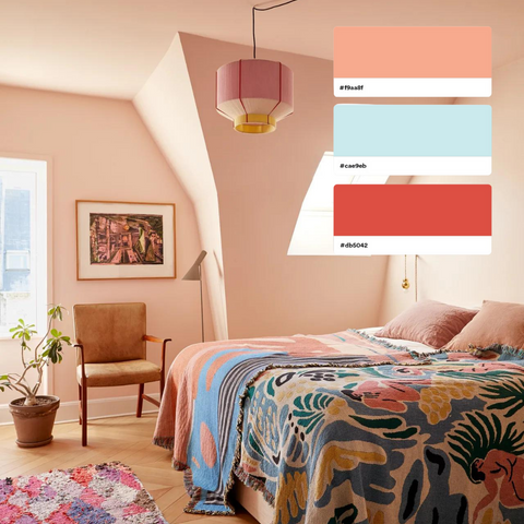 This Interior Photos inspires a lovely blue, red and peach fuzz color combination that gives warm and modern vibes to any design.