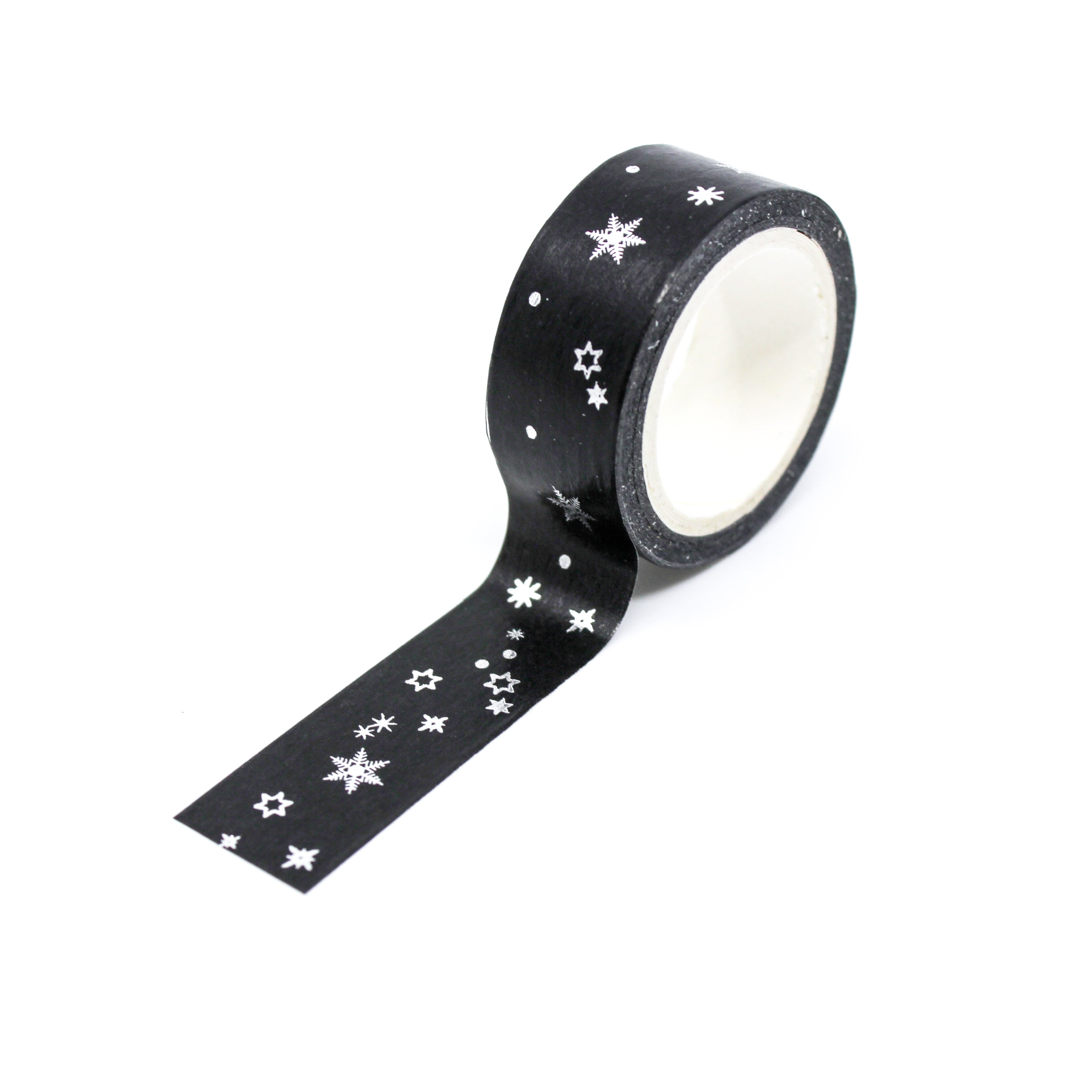 15mm Black & White Washi Tape - Moon, Stars, Snowflakes - silver