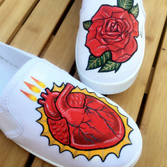 Custom painted heart flower vans slip on shoes