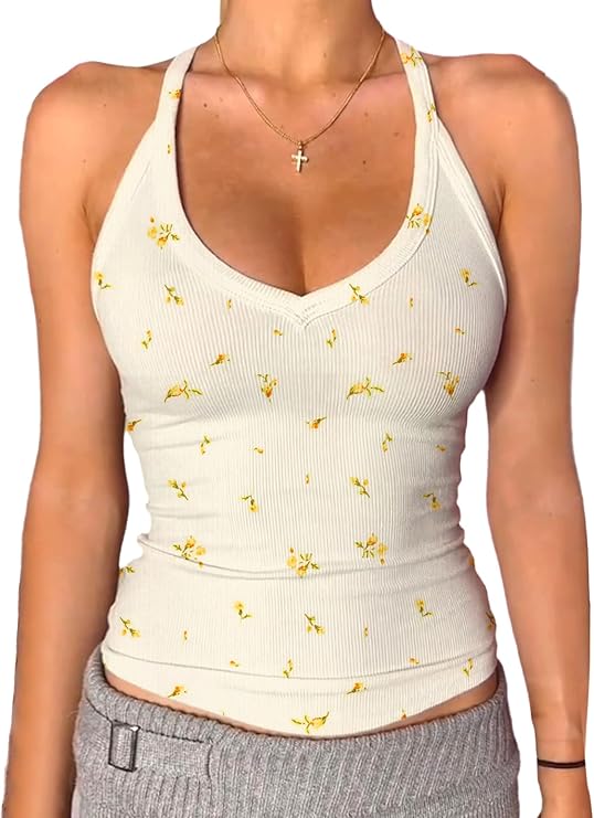 Danysu V Neck Racerback Floral Tank Top with Built in Bra