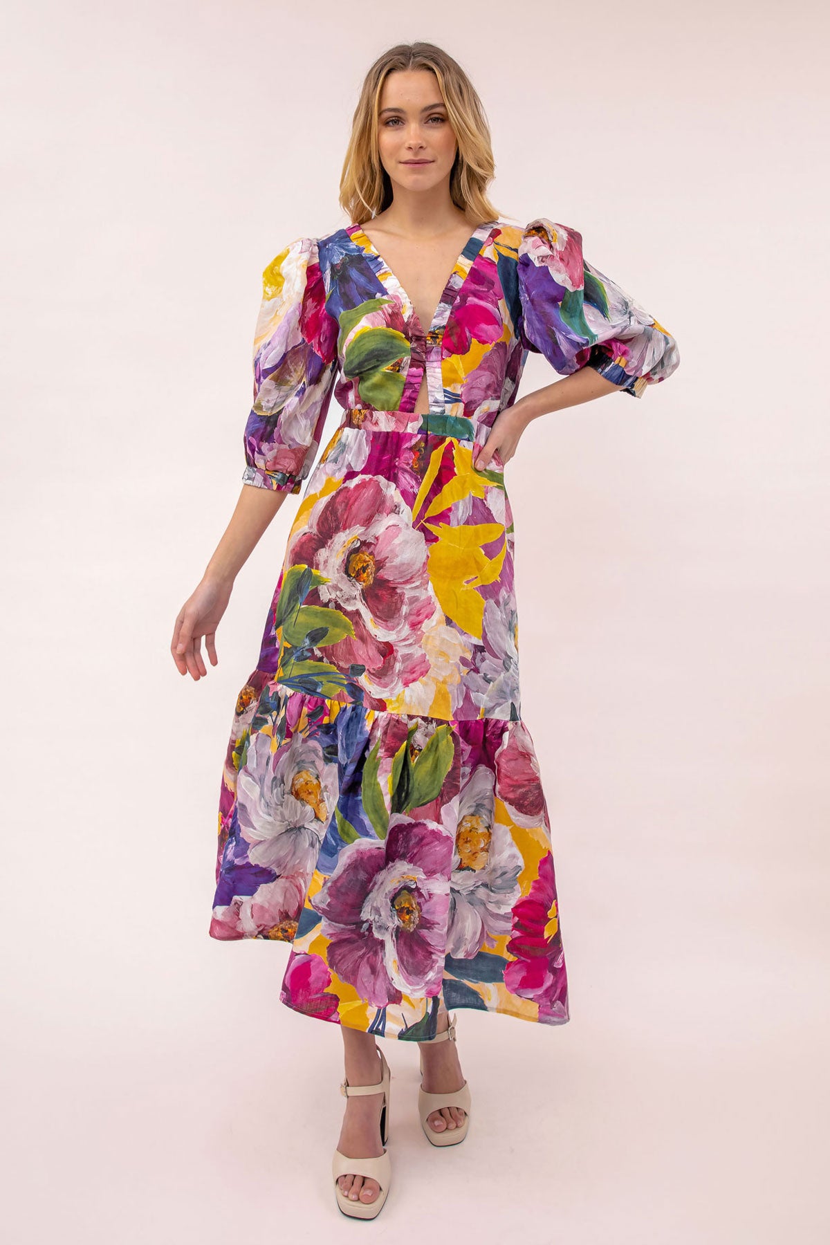 Women's Puff Sleeve Keyhole Maxi Dress in Bloom | Juniper