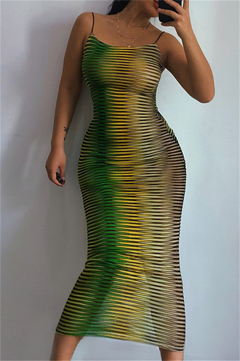 Fashion Sexy Print See-through Backless Spaghetti Strap Long Dress Dresses