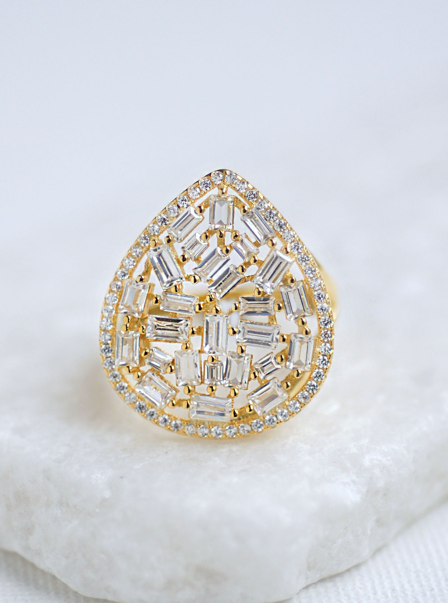 Teardrop-shaped Baguette CZ Cluster Ring