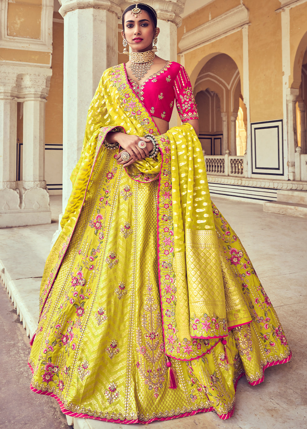 Buy Yellow Kali Lehenga with Bottom Panel, Blouse and Dupatta by DRISHTI &  ZAHABIA at Ogaan Online Shopping Site