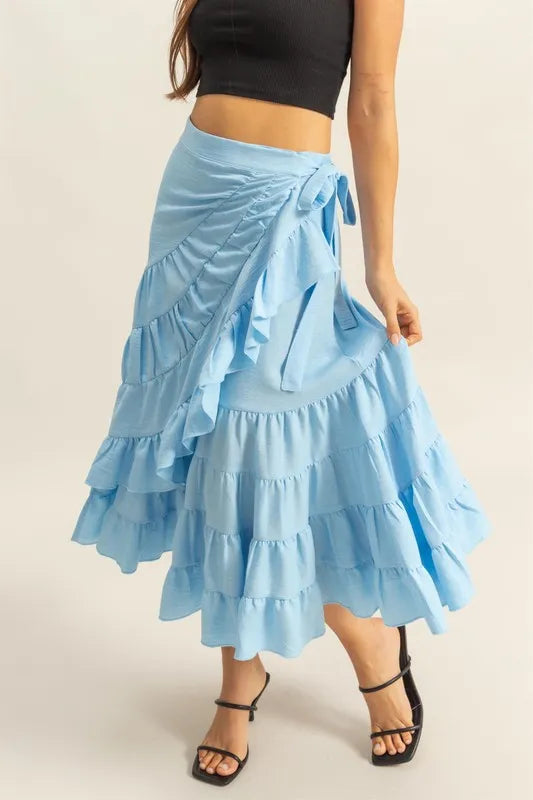 High-waisted tiered skirt with ruffled layers, offering a flirty, feminine silhouette.