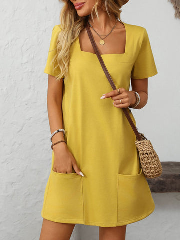 Square Neck Short Sleeve Mini Dress Yellow
