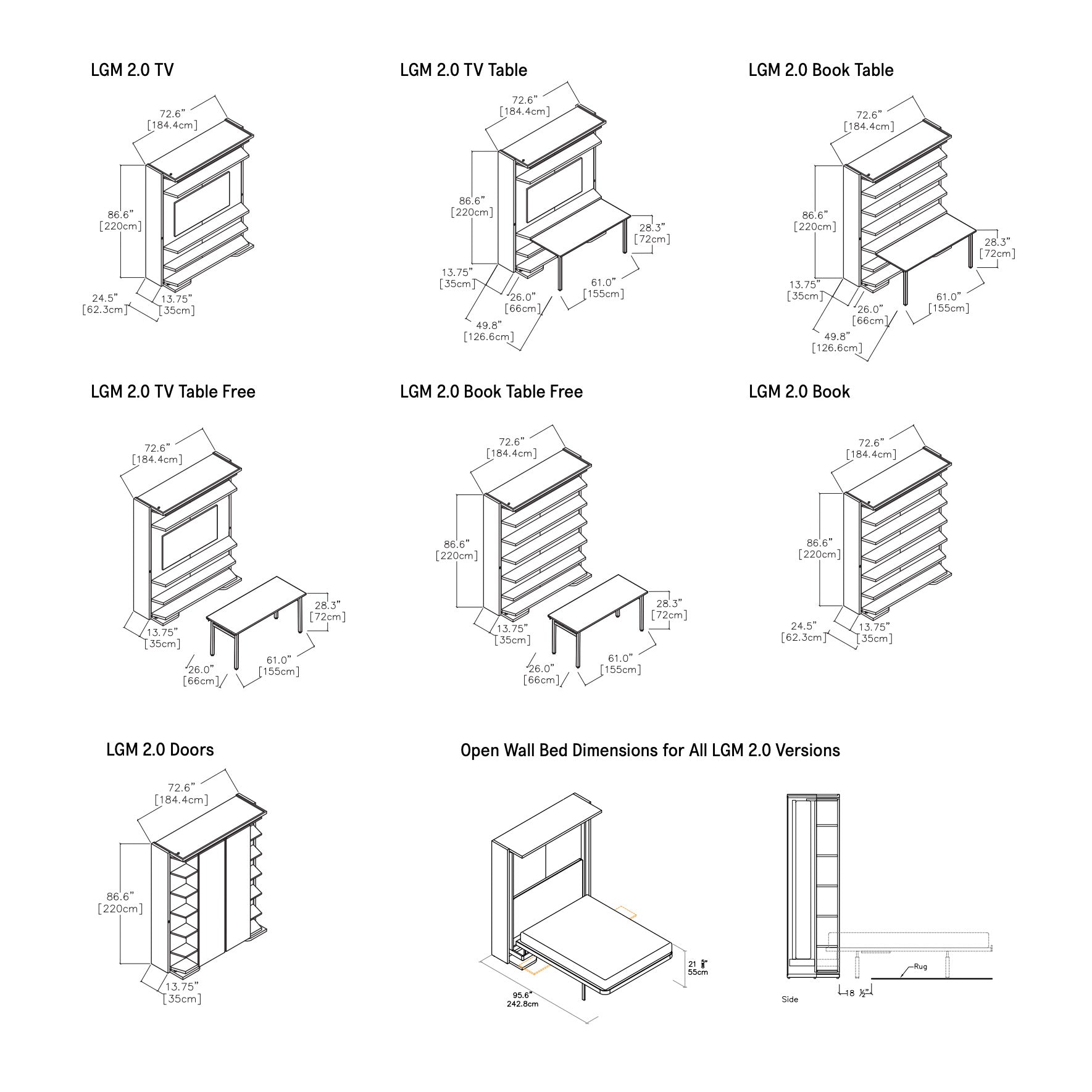 LGM Wall Bed Dimension Drawings