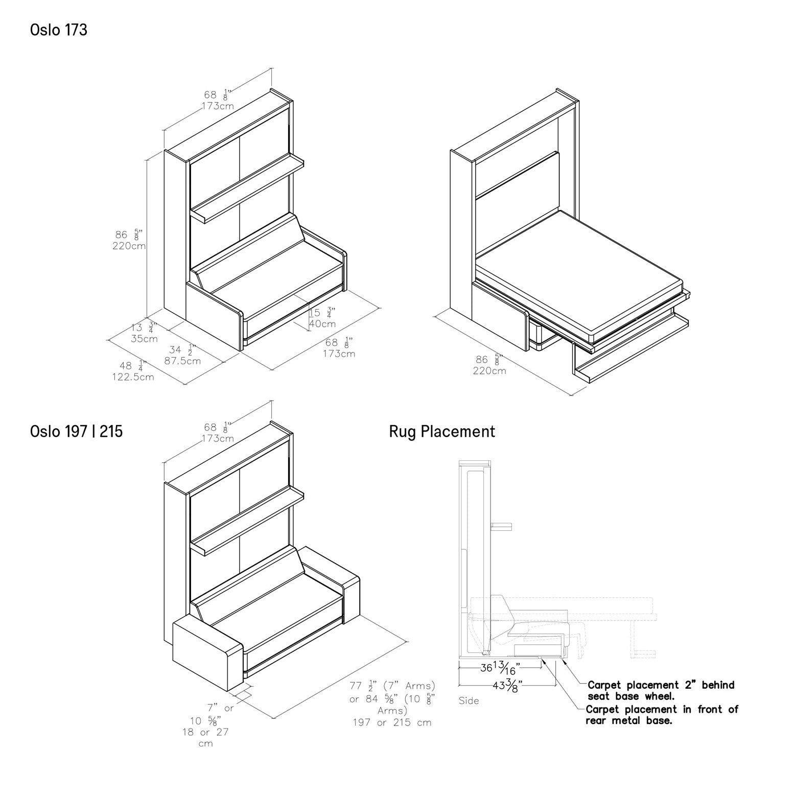 Oslo Sofa Wall Bed Dimension Drawings