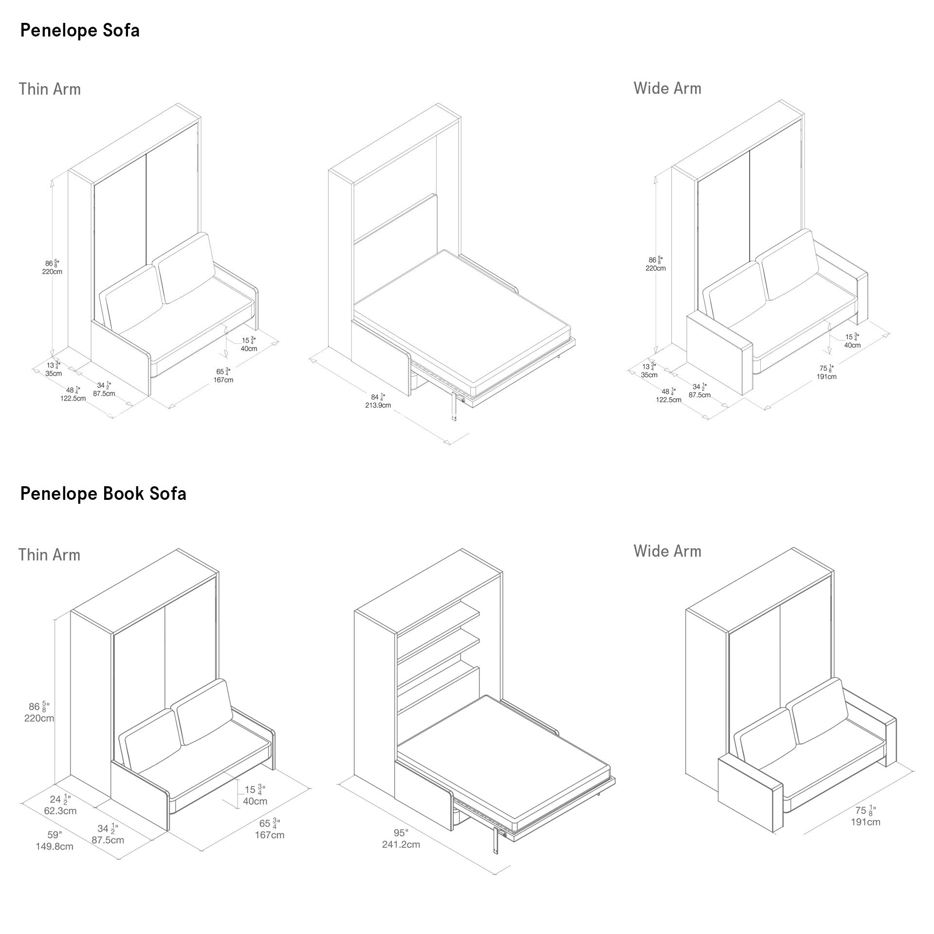 Penelope Sofa Wall Bed Dimension Drawings