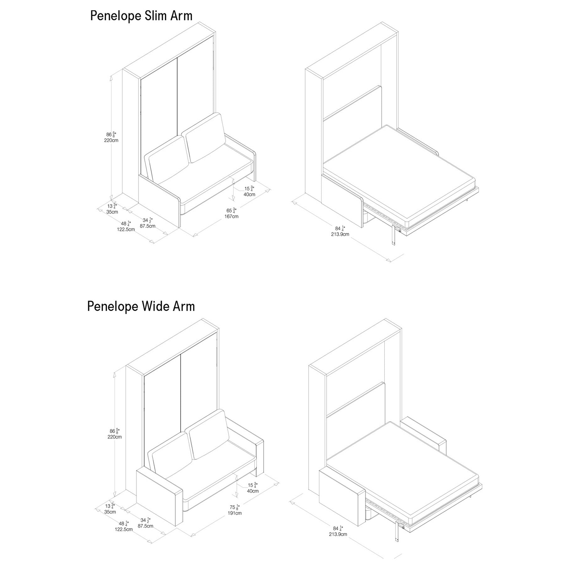 Penelope Sofa Wall Bed Dimension Drawings