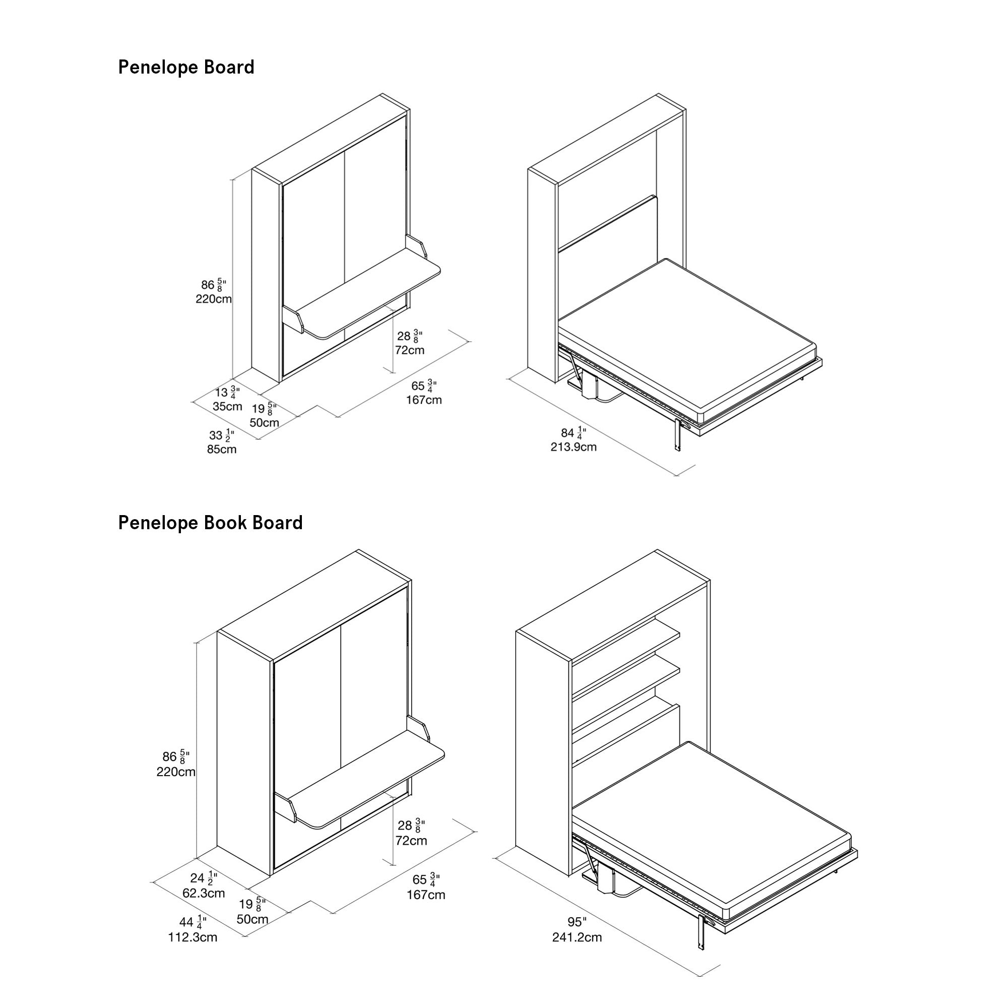 Penelope Board Wall Bed Dimension Drawings