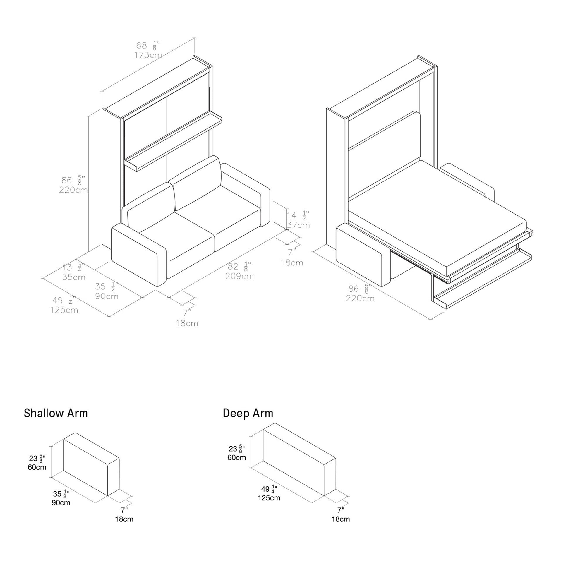 Swing 0 Wall Bed Dimension Drawings