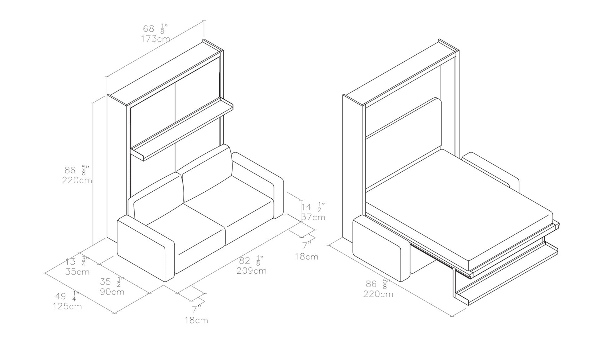 Swing 0 Wall Bed Dimension Drawings