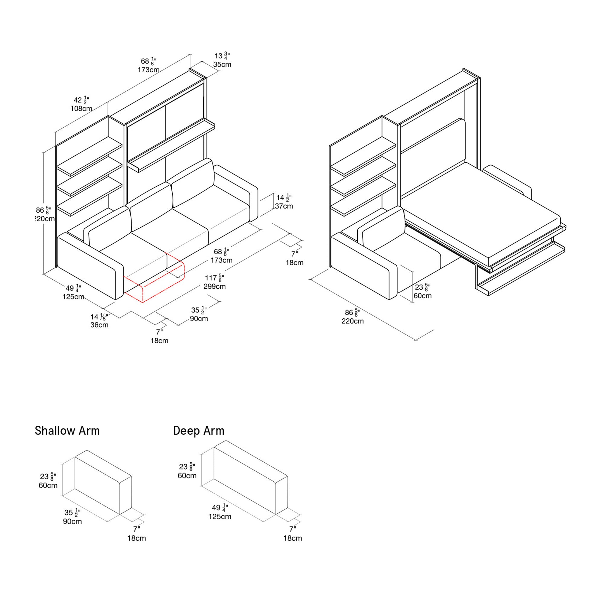 Swing Chaise Wall Bed Dimension Drawings