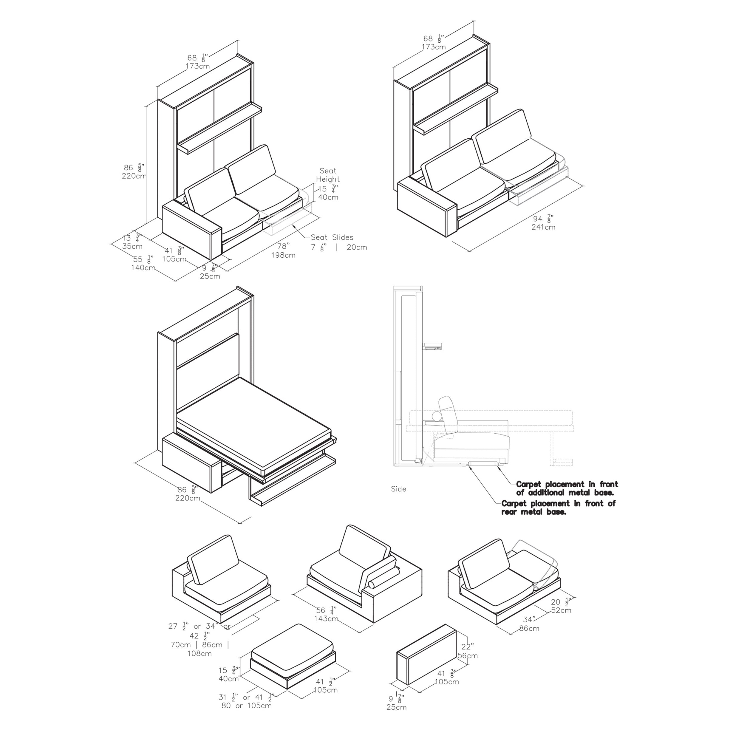 Tango Sectional Wall Bed Dimension Drawings