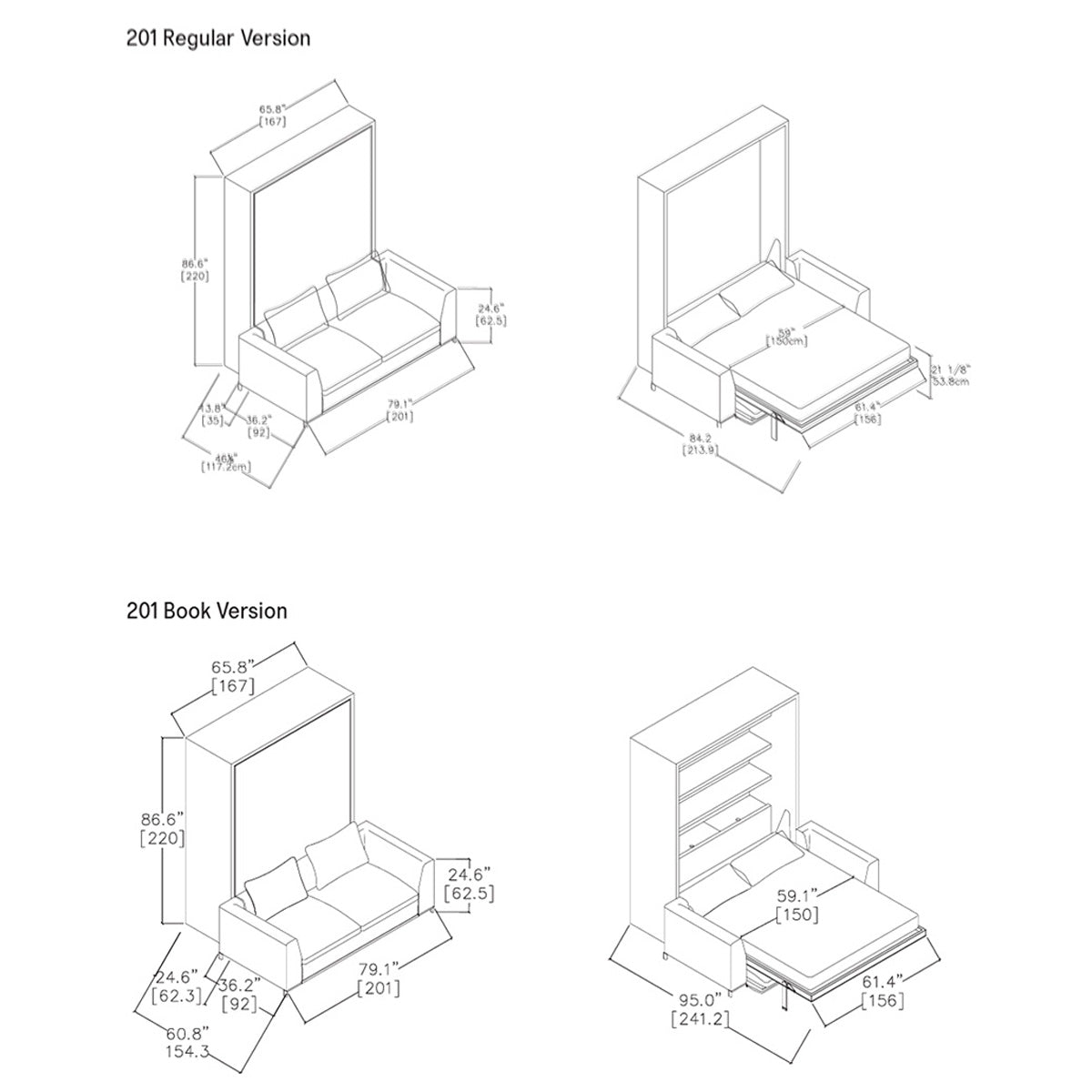 Tonale Sofa Wall Bed Dimension Drawings