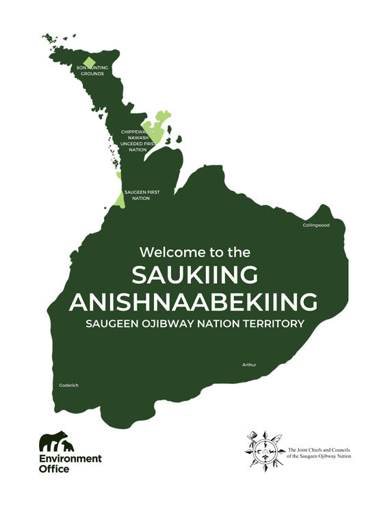 Green map showing the Saugeen Ojibway Nation Territory spanning from the Bruce Peninsula to Arthur, Ontario