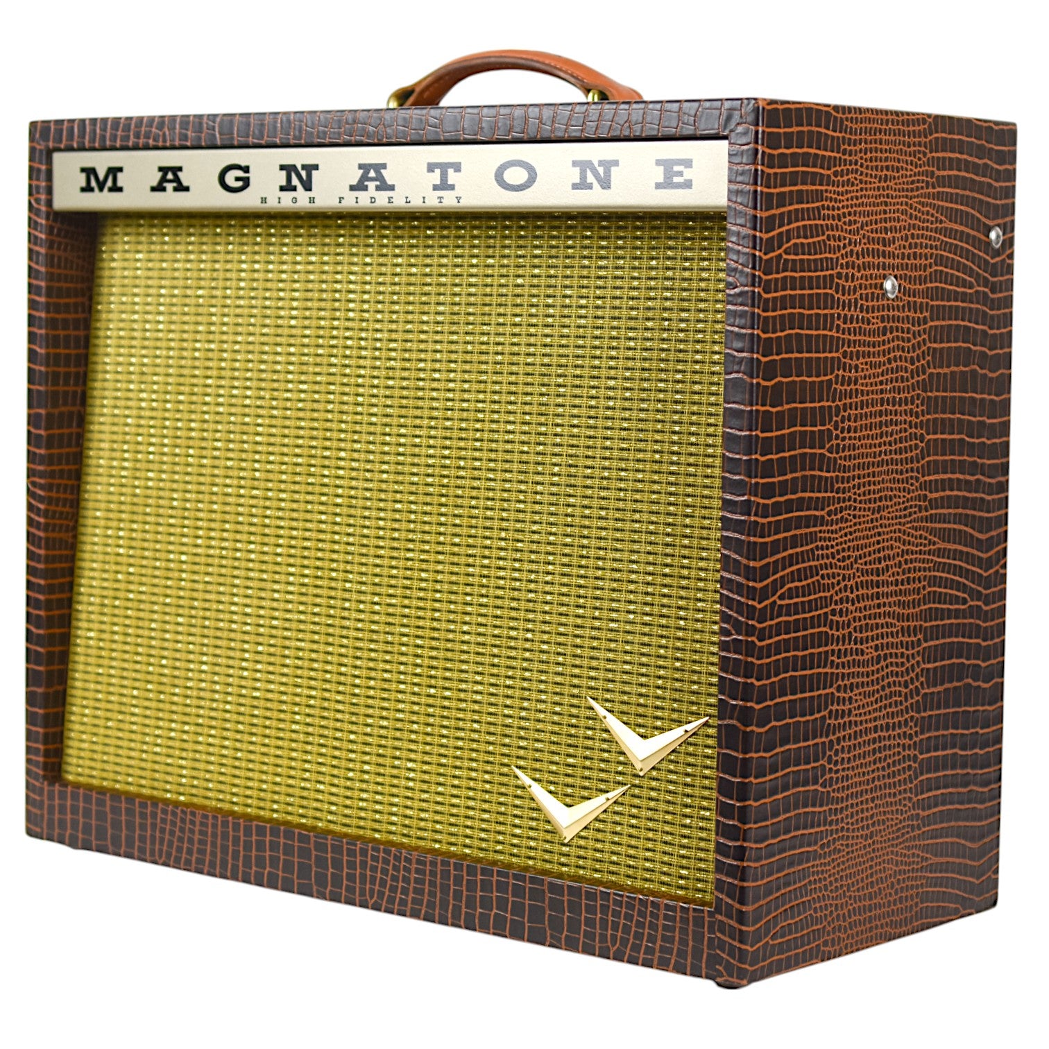 New Magnatone Panoramic Stereo 2X10 Combo Amp w/TRG Exclusive Brown French Alligator Wrap & Gold Stripe Grillcloth #7859 (PDX) image 4