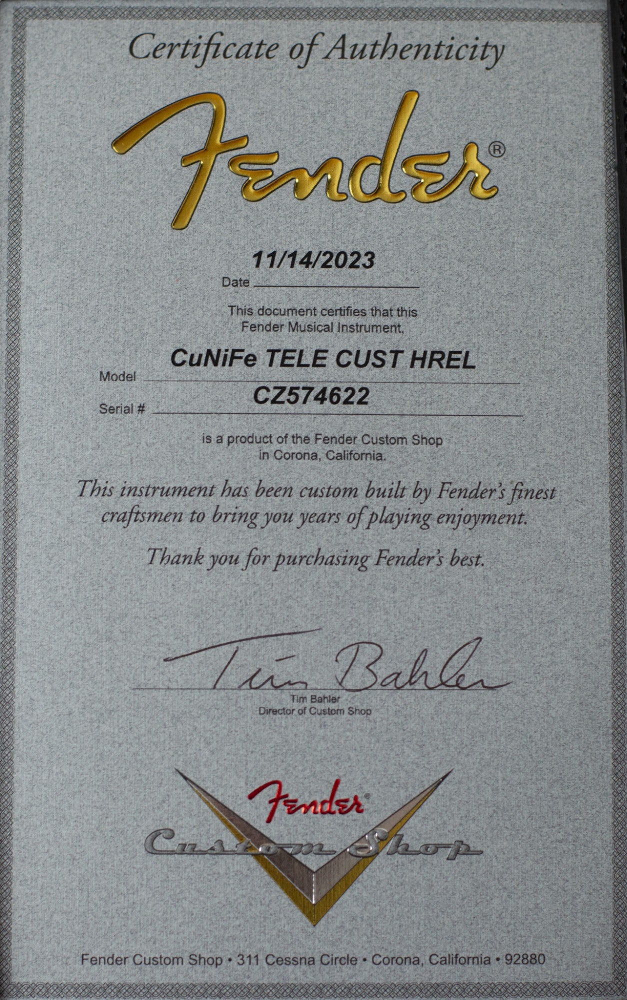 Thunder Road Guitars New Fender Custom Shop CuNiFe Telecaster