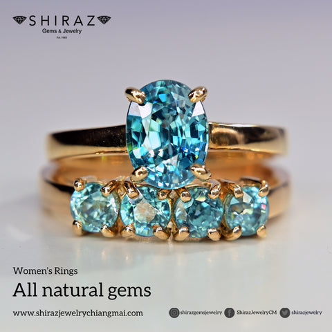 All natural blue zircon rings from Thailand made by hand by our Shiraz Team in Chiang Mai