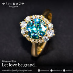 Custom made teal moissanite ring in 18K gold from Chiang Mai, Thailand