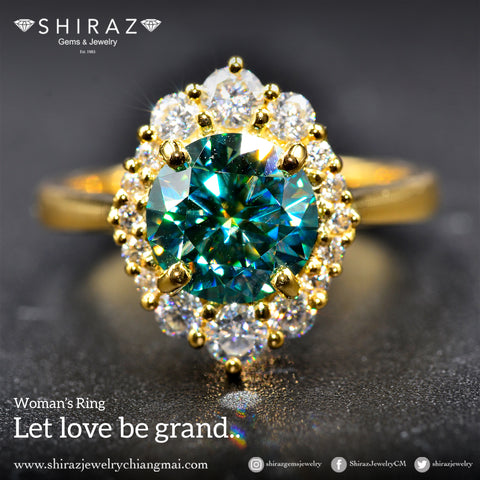 Blue green moissanite handmade engagement ring