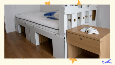 A recyclable cardboard bed and a mattress are pictured in a residential unit for athletes during a media tour at the Olympic and Paralympic Village for the Tokyo 2020 Games, in Tokyo, Japan June 20, 2021. 