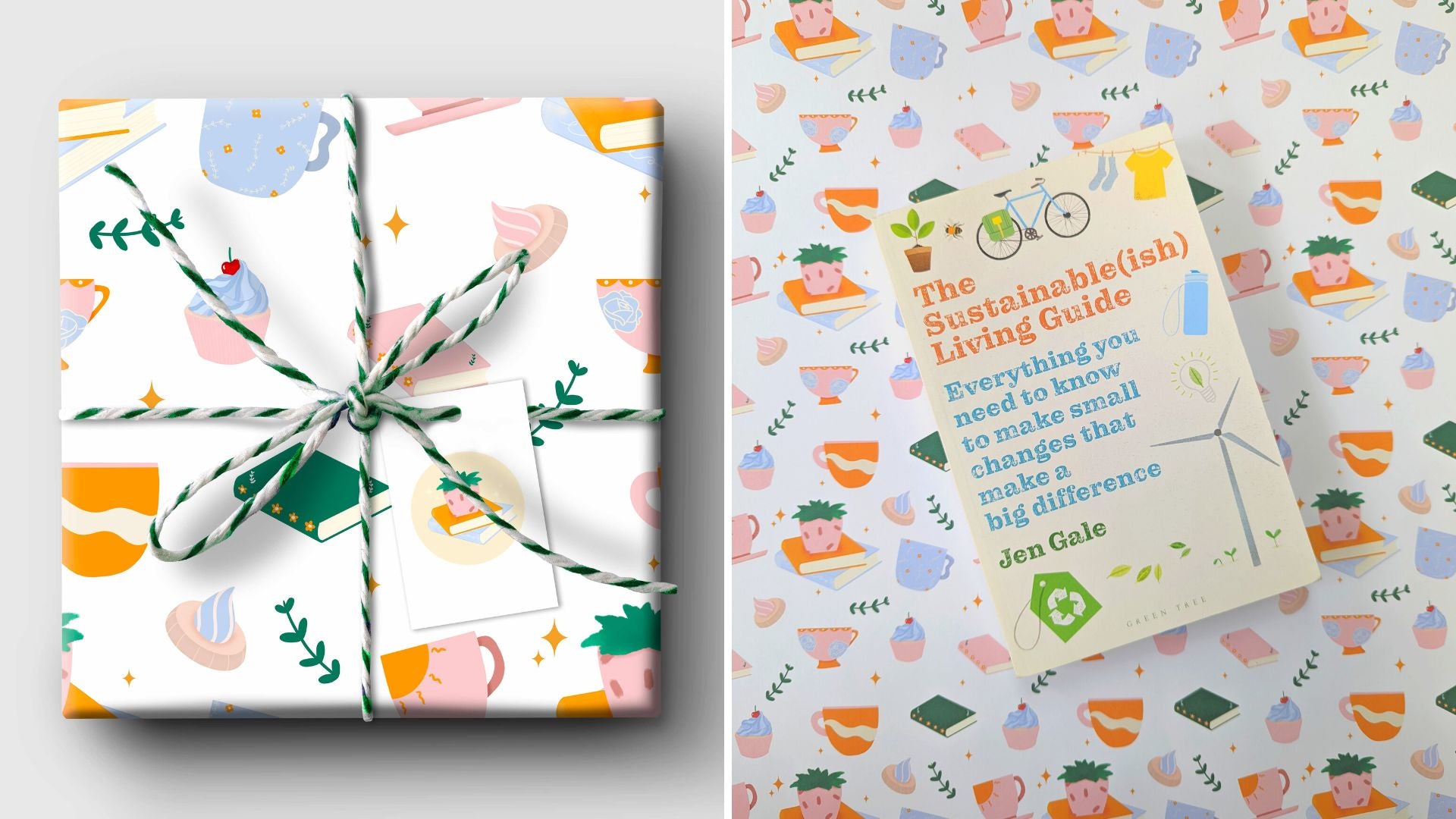 Image on the left shows a gift wrapped in Reader's Delight gift wrap which features books, teacups and cupcakes with a twine ribbon wrapped around it. Image on the right shows the book Sustainable(ish) by Jen Gale