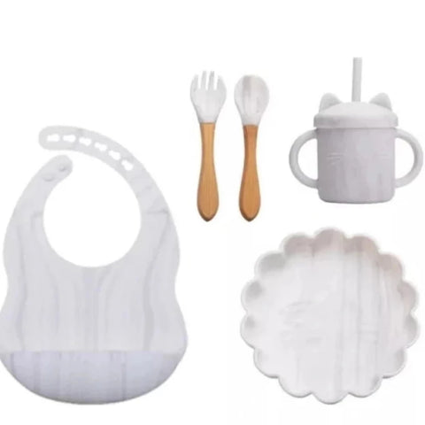 Silicone Meal-Time Feeding Dinnerware, White Marble