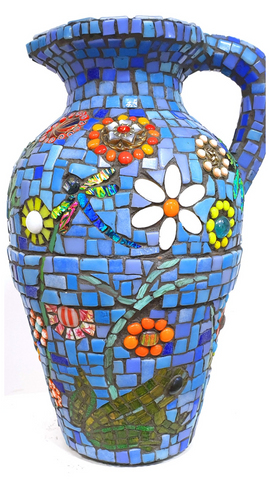 Blue Mosaic Urn with frogs, flowers and dragonflys