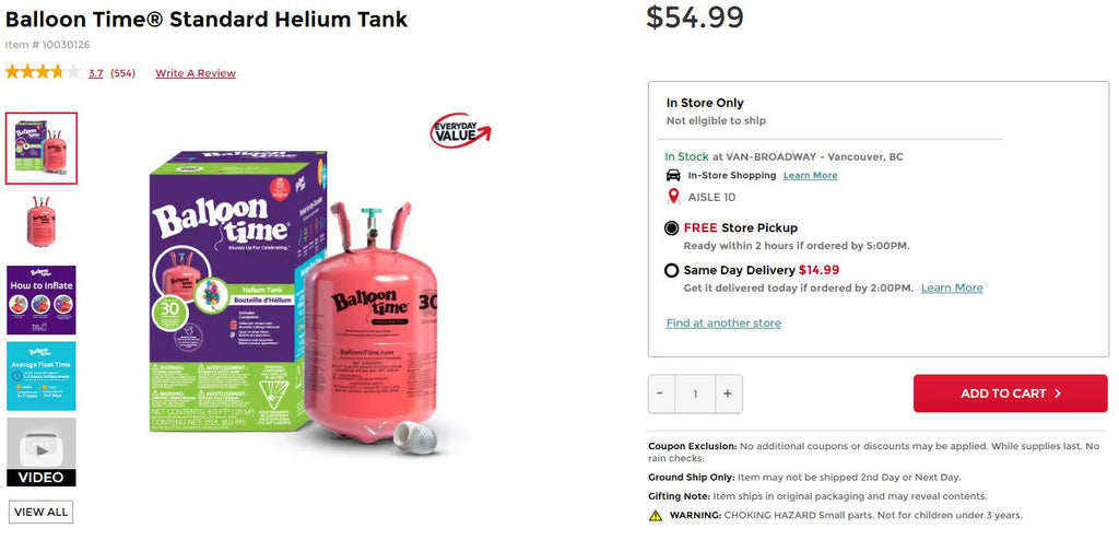Balloon Time Standard Helium Tank page details, screen shot from canada.michaels.com