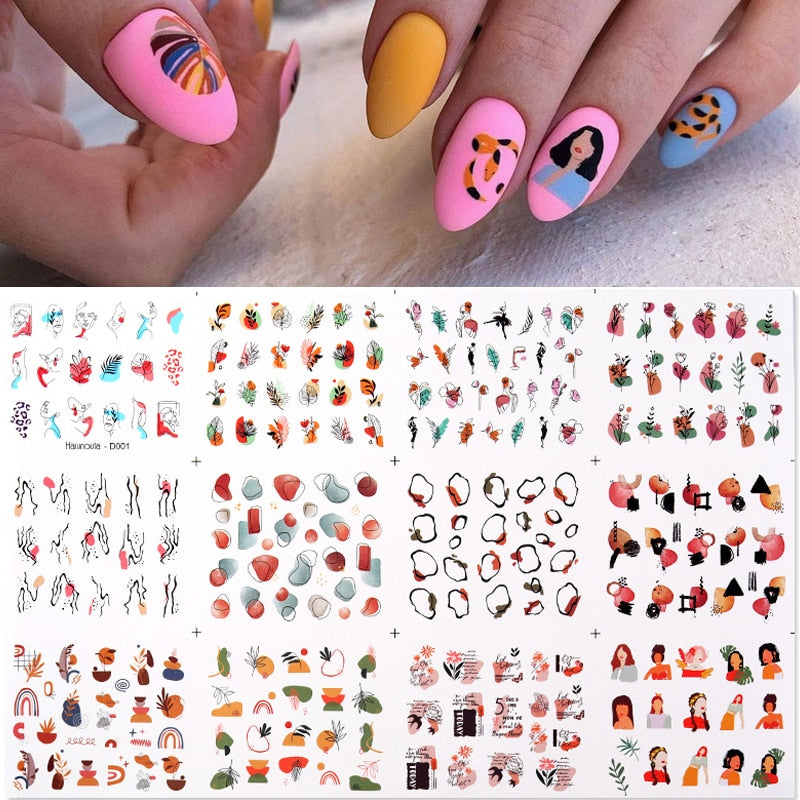 12pcs Gradient Marble Water Nail Stickers Flower Letter Leopard Cartoons Sliders For Nails Water Transfer Decals Decoration