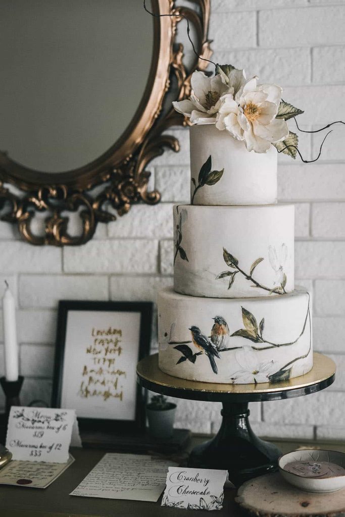 Handpainted lovebirds wedding cake