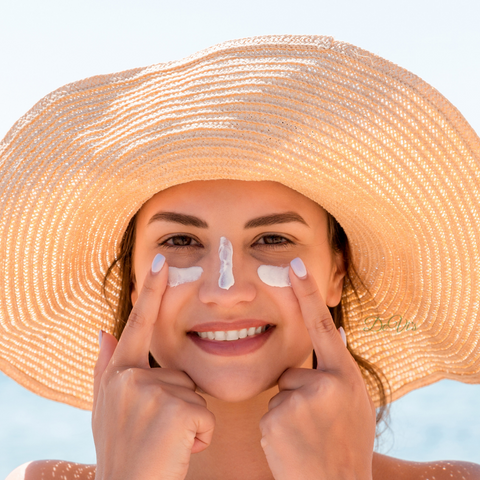 Caucascian woman with large brim hat smiling with sunscreen on face