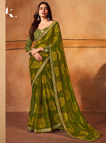 Casual Green Pure Chiffon Digital Printed Saree