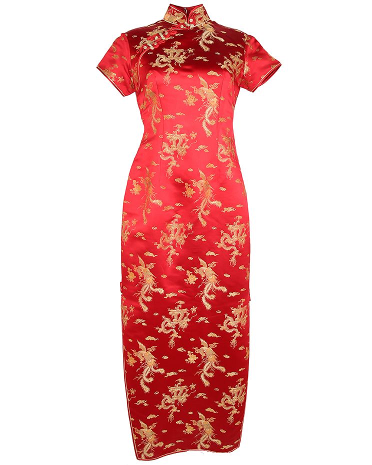 Red and gold satin brocade phenox print cheongsam dress