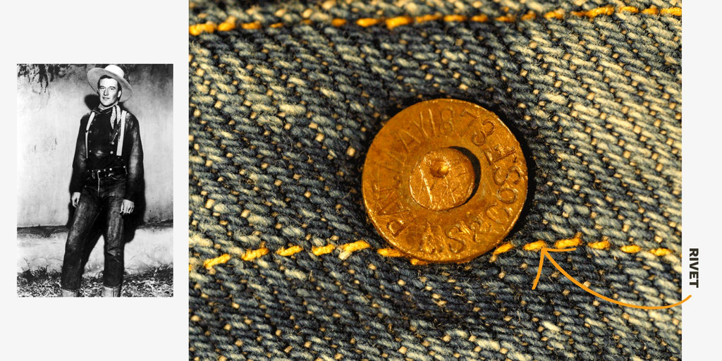 Collage of two photographs. Left photograph is in black and white and shows a white man standing wearing denim jeans and a cowboy at. Right image is a close up of a denim jean metal rivet.