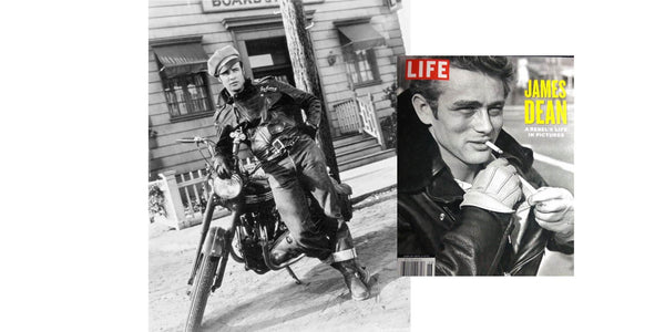 Collage of two black and white images.  Left image shows a white man wearing a leather jacket and denim jeans leaning up against a motorbike on an urban street. Right image is a cover of 'Life' magazine with a close up image of a man with a quiff wearing a black leather jacket.