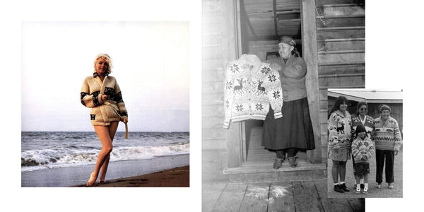 Collage of 3 images. Left image is of a blonde woman standing on a beach with bare legs wearing a chunky knit cream and black jumper. Central image is in black and white and features a woman in a doorway holding up a patterned, chunky knit zipped cardigan. The right image is black and white and shows 3 women in a line with a child in front all wearing chunky knit patterned jumper and standing on a patch of grass.