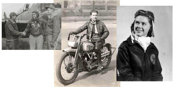 Collage of three images. Left image is black and white and shows three white men of medium build all wearing thick vintage leather jackets. They all stand in front of a large aeroplane and two of them shake hands. Central image is a black and white image of a white man on a stationary Harley Davidson motorbike, also wearing a leather biker jacket. Right image is a black and white portrait of a smiling woman with bob-length hair and wearing a dark leather jacket. 