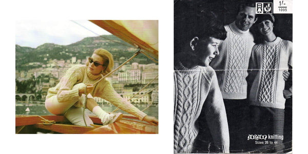 Collage of two images. Left image shows blonde woman on boat wearing a cream Aran knit jumper with sunglasses on and white trousers pulling an oar of the boat. Background is a hilly town. Right image is a black and white image of two parents and their child all in matching Aran knit jumpers.