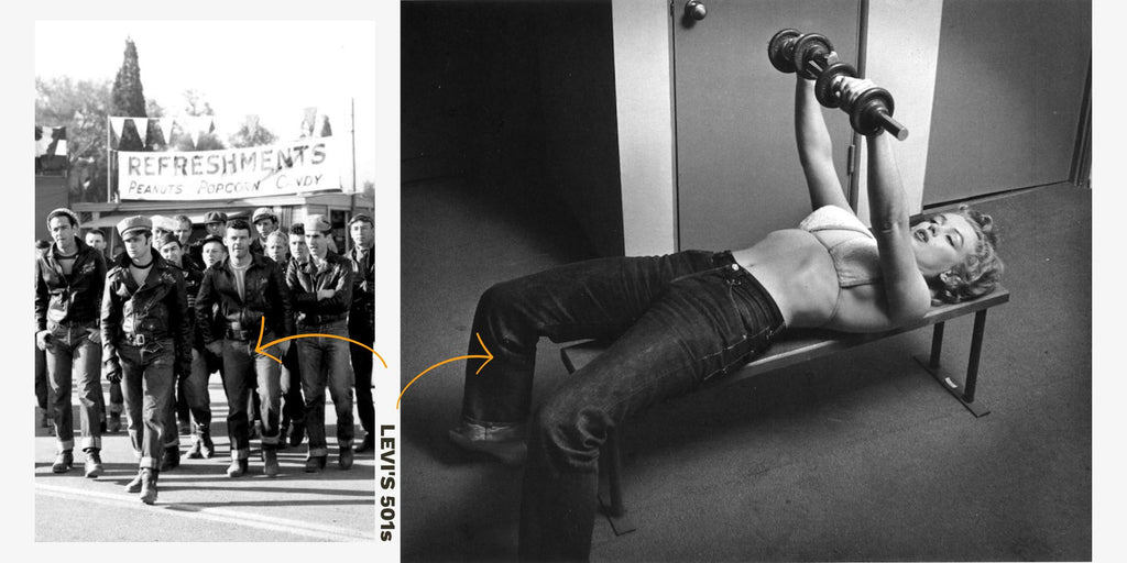 Collage of 2 images. Left photograph is black and white and features a large group of white men all wearing denim levis 501s, leather jackets and motorbike hats. They are mid walk down a suburban street. Right black and white photograph of a woman wearing a bikini and levis 501s as she lies on a bench and lifts two hand weights above her head.